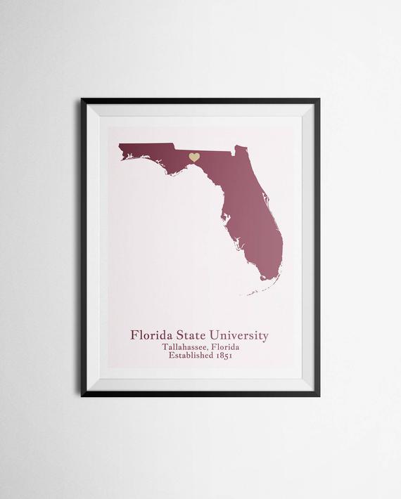570x710 Florida State University Fsu Tallahassee Florida Map Print Etsy