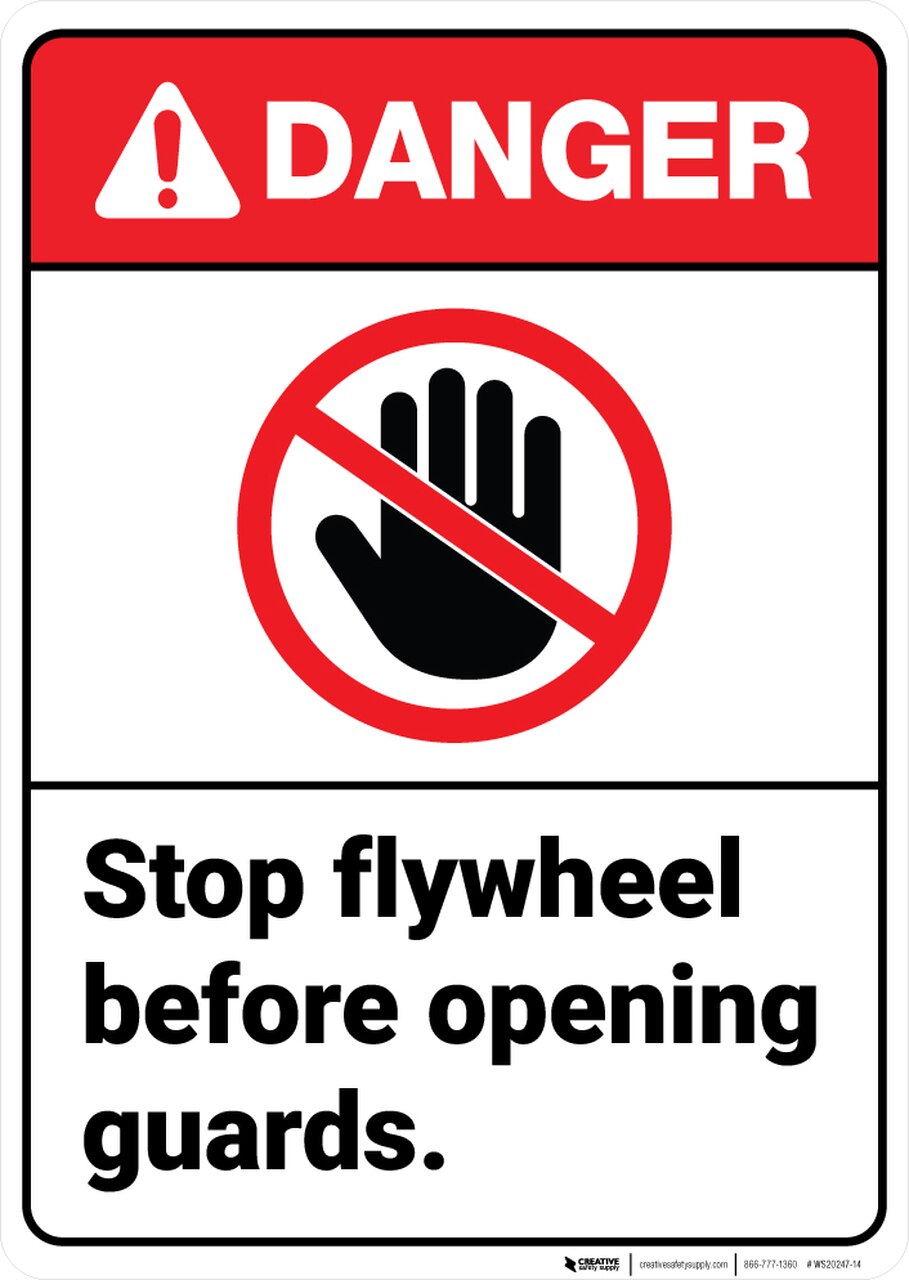 909x1280 Danger Stop Flywheel Before Opening Guards With Icon Ansi