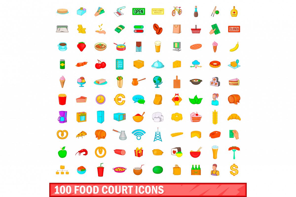 1200x800 Food Court Icons Set, Cartoon Style