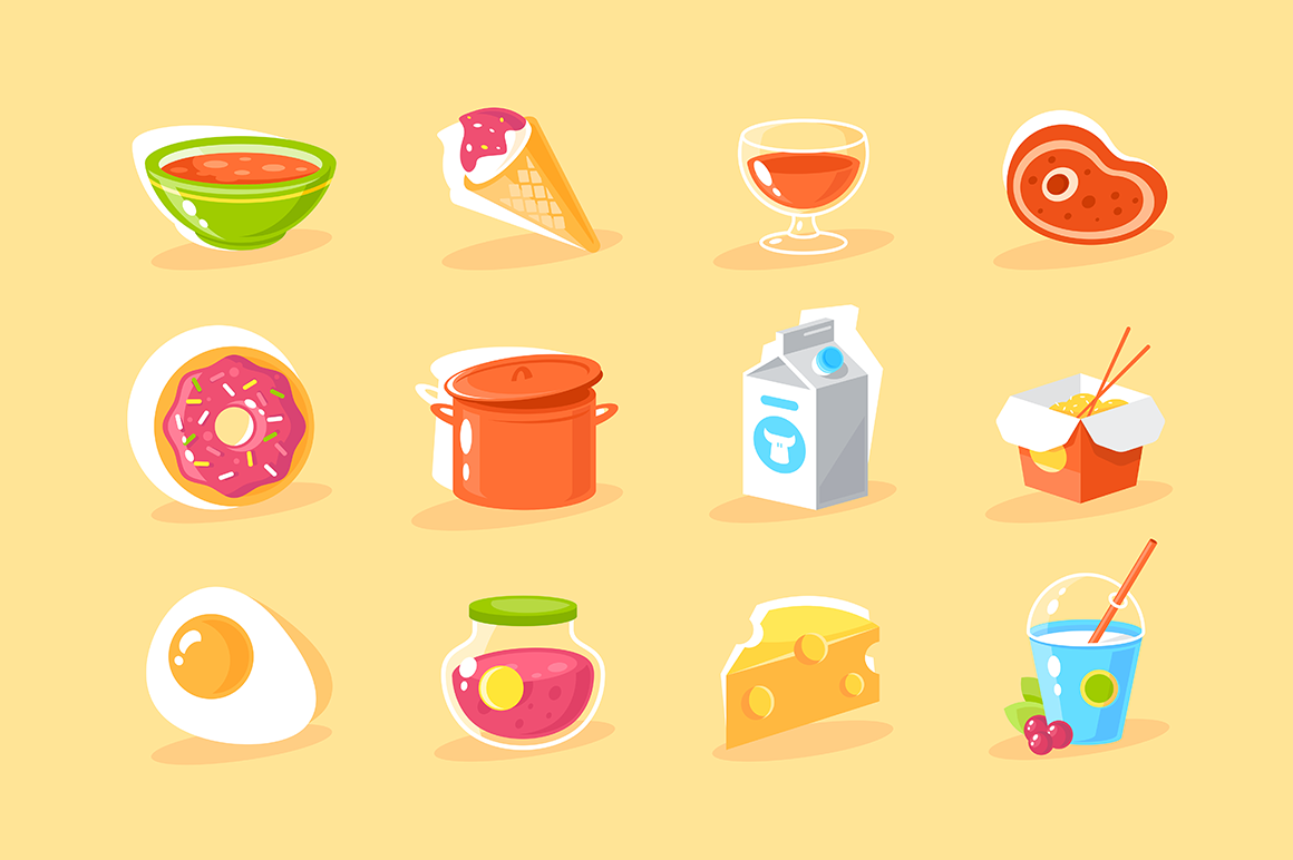 1160x772 Flat Food Icon Set With Egg, Milk, Donut, Chinese Noodles, Ice