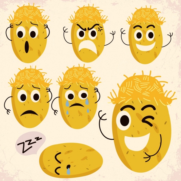 600x600 Potato Icon Yellow Stylized Design Various Emotion Free Vector