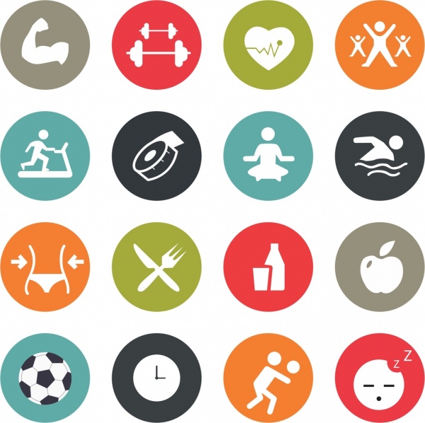 600x598 Healthy Life Icons Collection Various Flat Isolation Free Vector