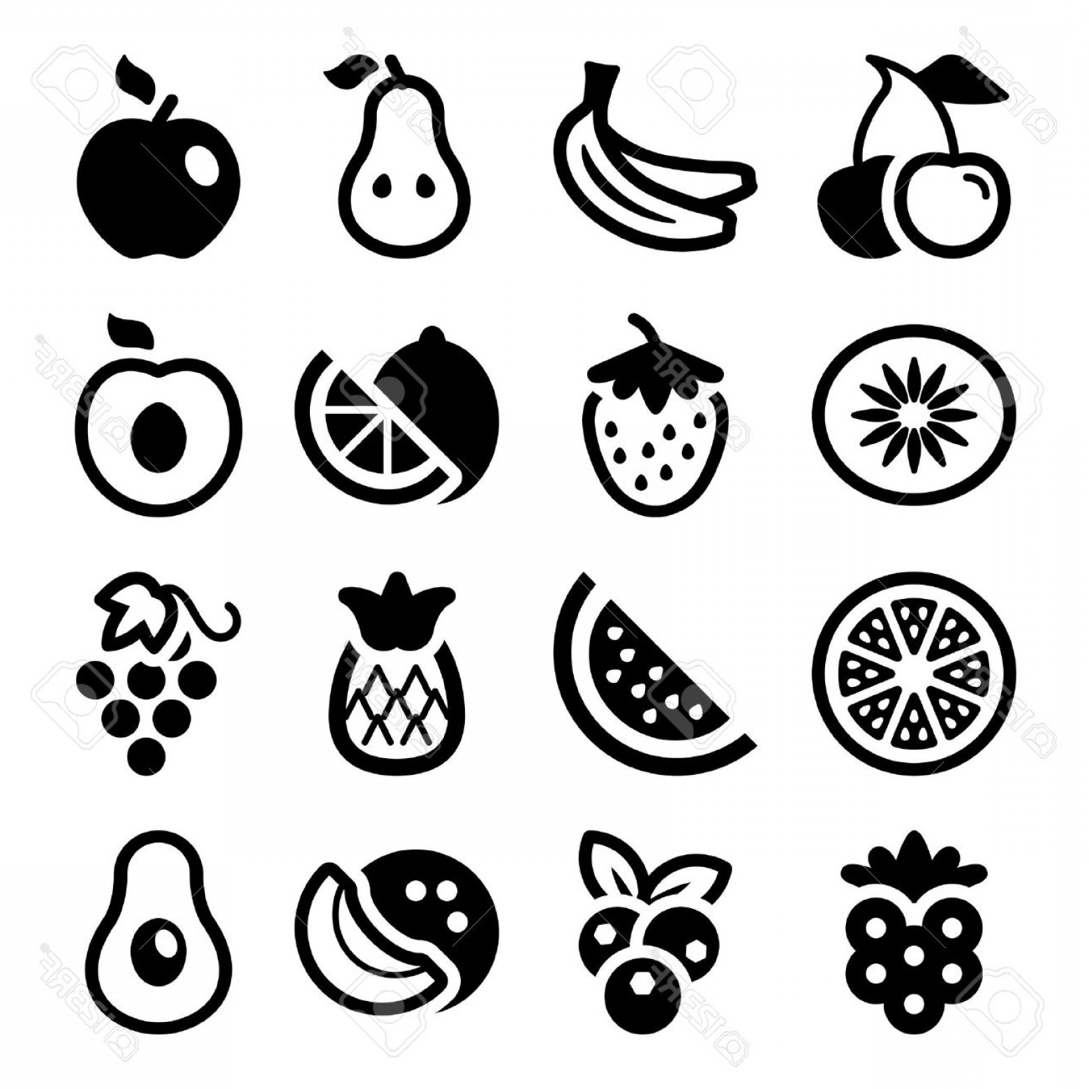 1560x1560 Photostock Vector Flat Fruits Icons Set Isolated Black Color