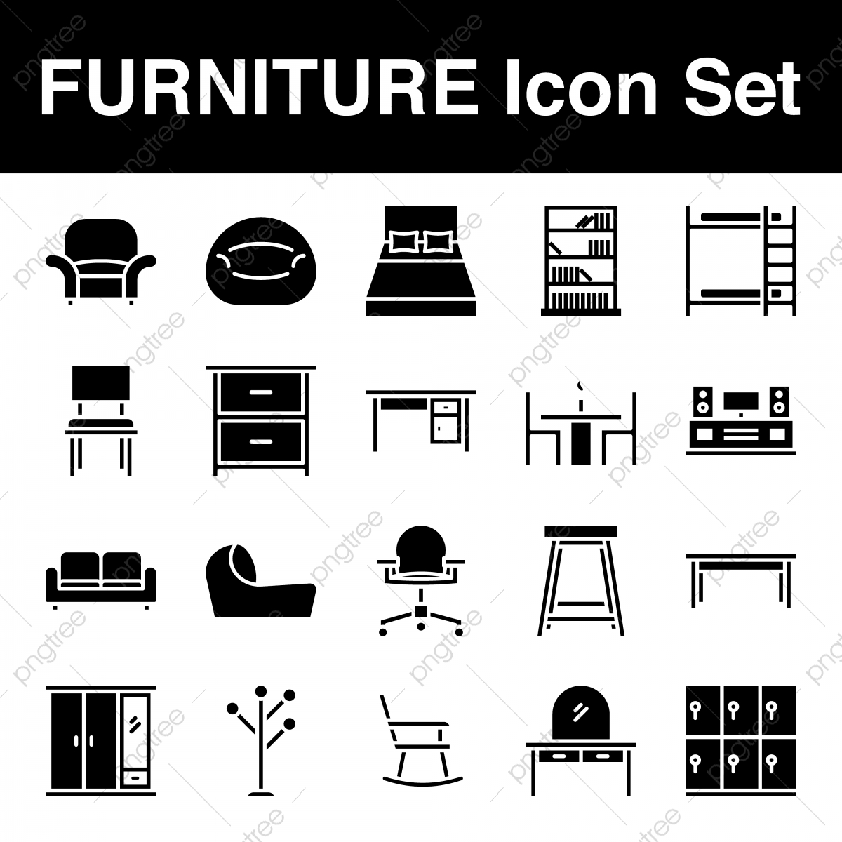 1200x1200 Furniture Icon Set With Glyph Style Vector Illustration