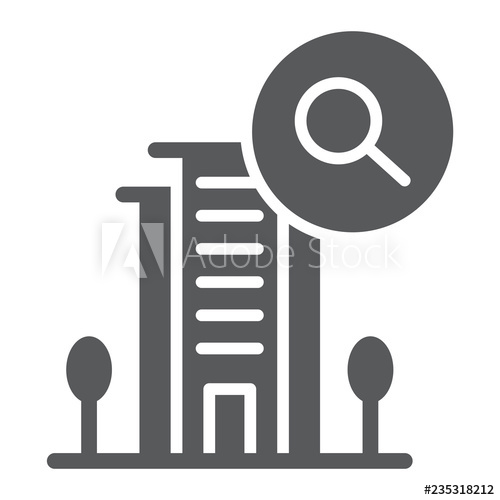 500x500 Booking Glyph Icon, Hotel And Search, Hotel And Magnifying Glass