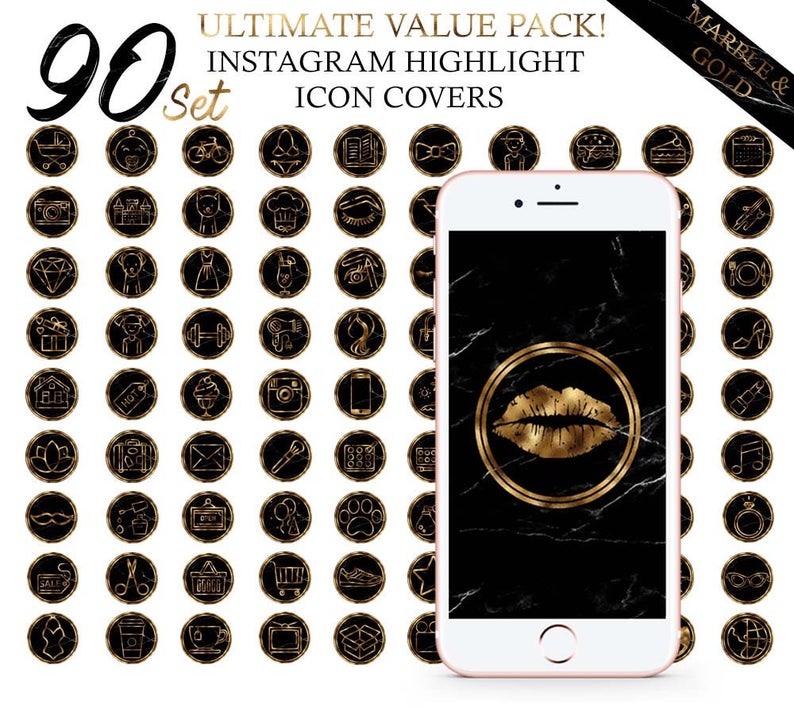 794x715 Set Black Marble Background Gold Foil Icons Instagram Etsy