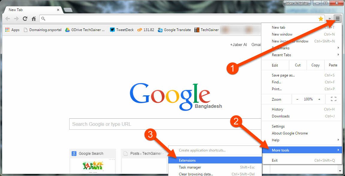 Google tabs. New Tab New Window. Number in Google Tab apps. TECHGAINER.