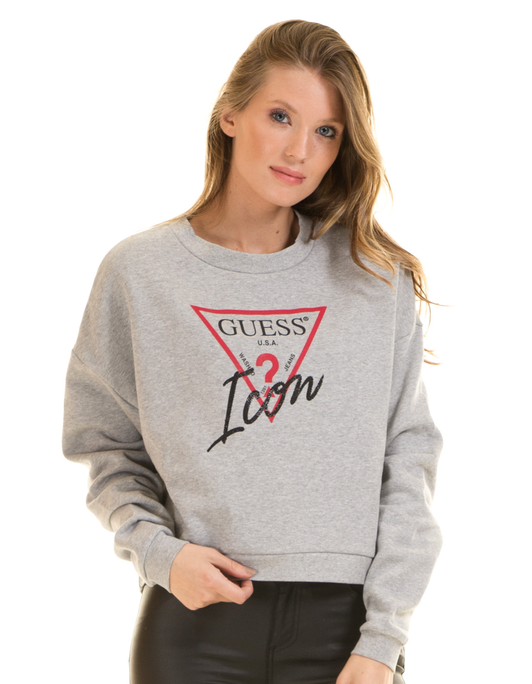 1090x1400 Guess Cropped Sweatshirt In Grey Melange Icon In Hoodies
