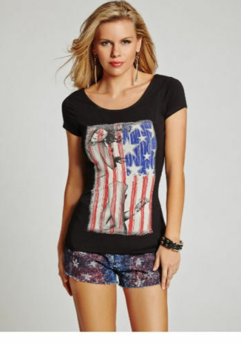 350x500 Guess Icon Graphic American Flag T Tee Top Black Open Back S