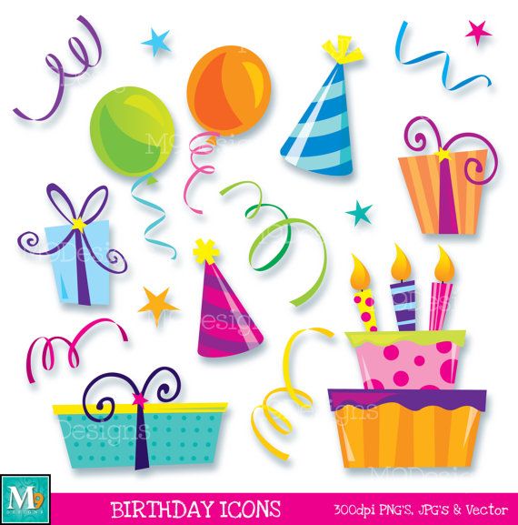 570x577 Happy Birthday Icons Clipart Illustrations, Instant Download Fun