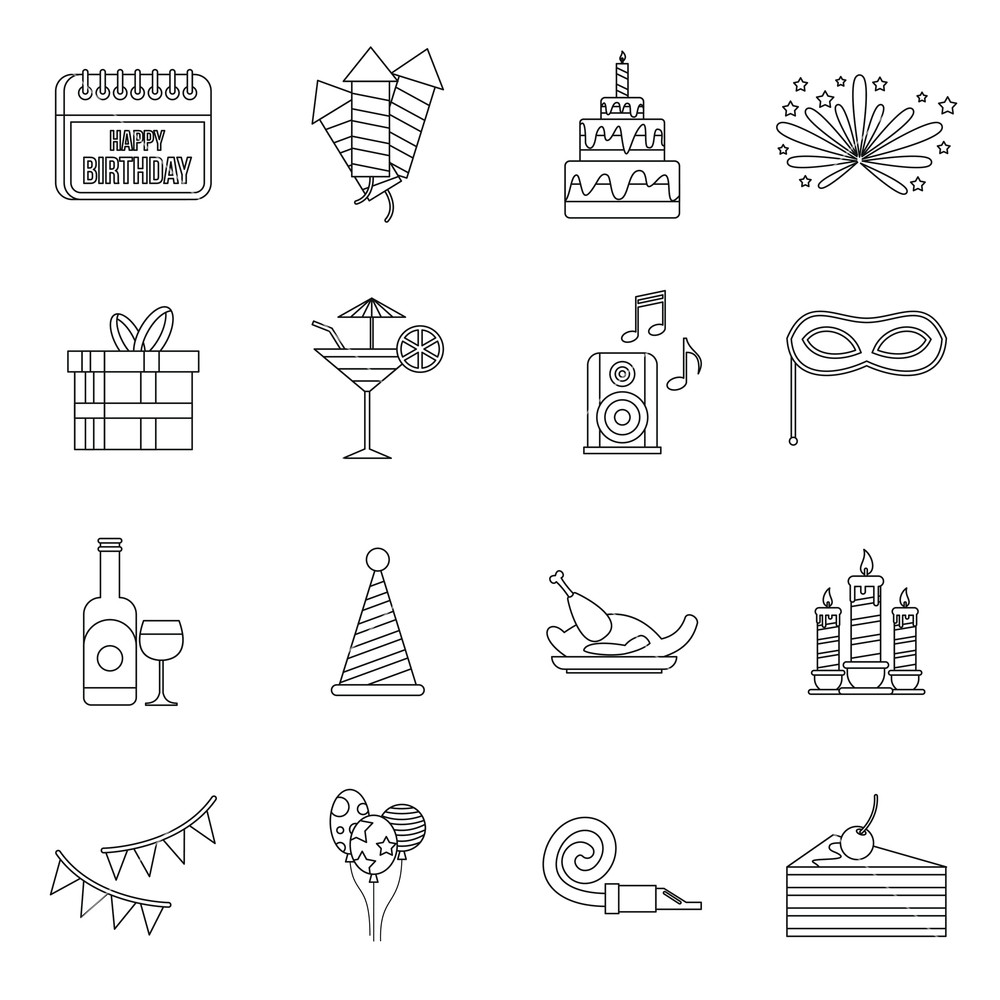 Happy Birthday Icons Set In Outline Style Party And Celebration 1000x1000 Happy Birthday Icons Set In Outline Style Party And Celebration