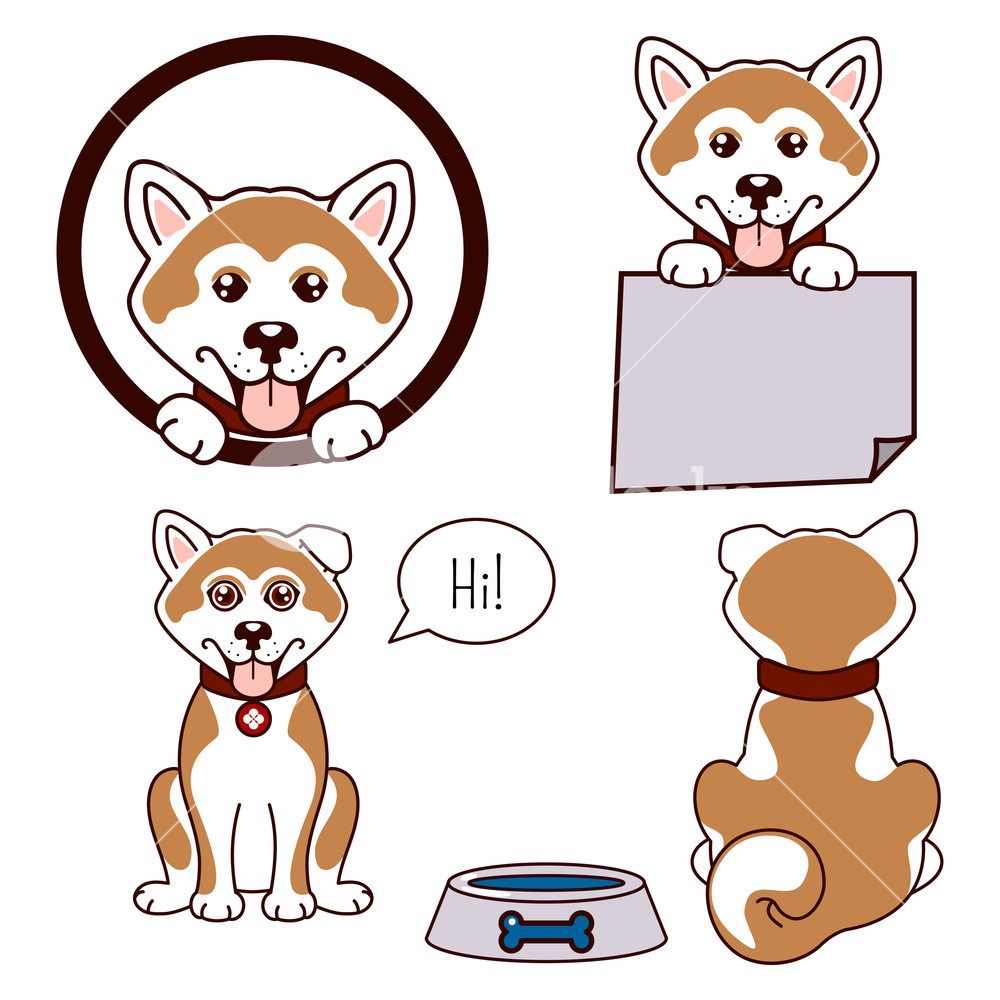 1000x1000 Akita Dog Vector Icon Happy Puppy Set, Front View And Back