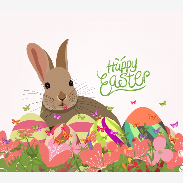 640x640 Happy Easter With Bunny Eggs Floral Background, Easter, Rabbit