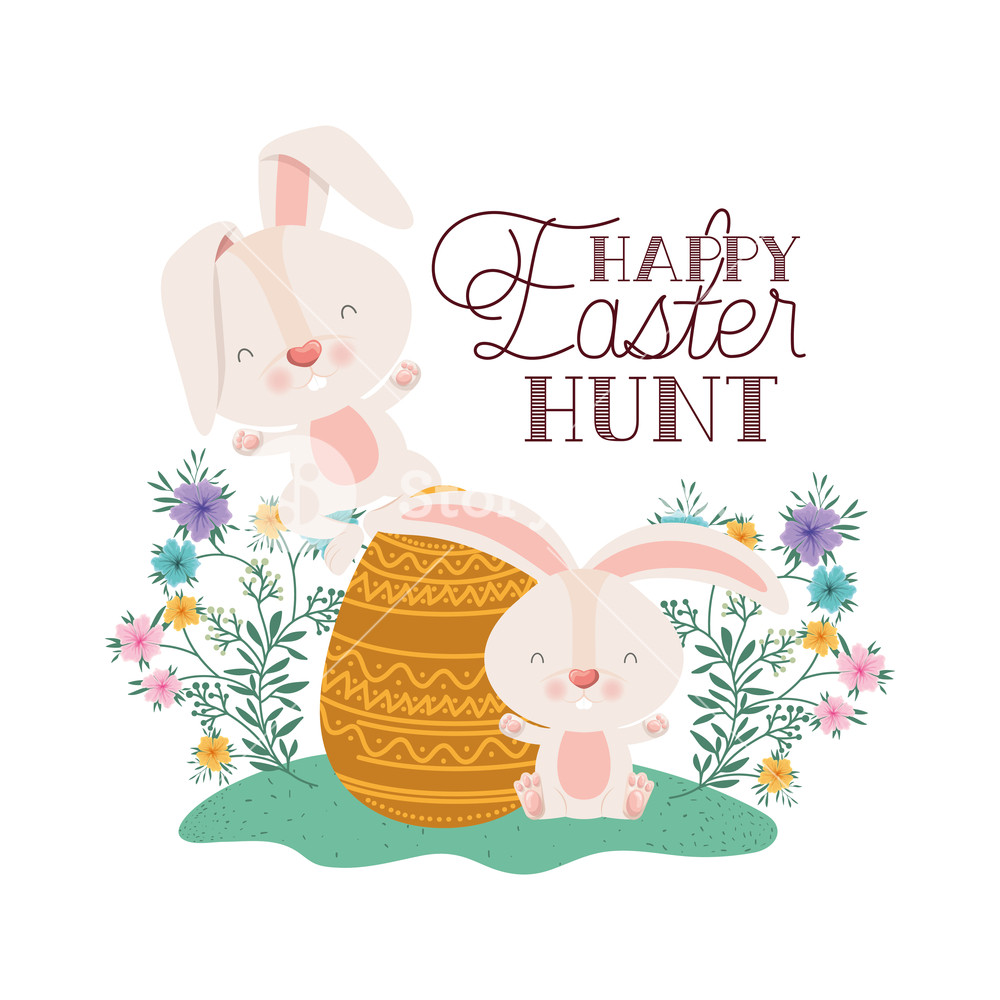 1000x1000 Happy Easter Hunt Label With Egg And Flowers Icon Vector