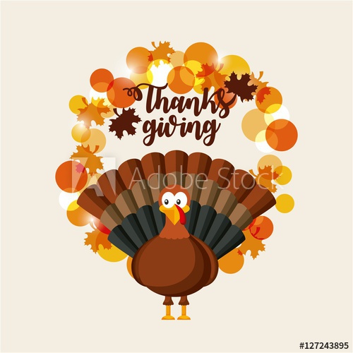 500x500 Happy Thanksgiving Card With Cartoon Turkey And Decorative Icons