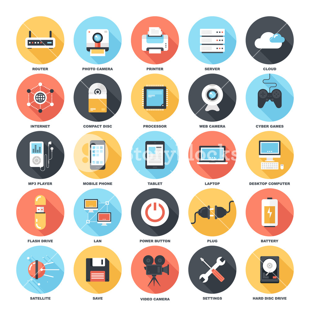 1000x1000 Abstract Vector Set Of Colorful Flat Technology And Hardware Icons