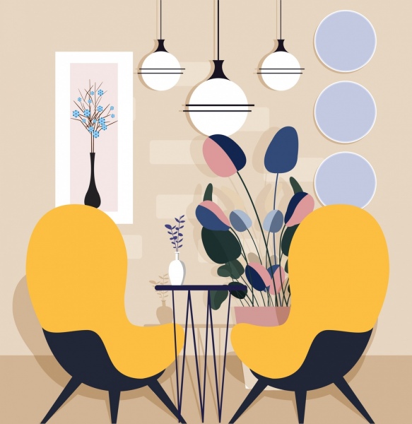 583x600 Home Decor Background Chair Light Table Flowerpot Icons Free