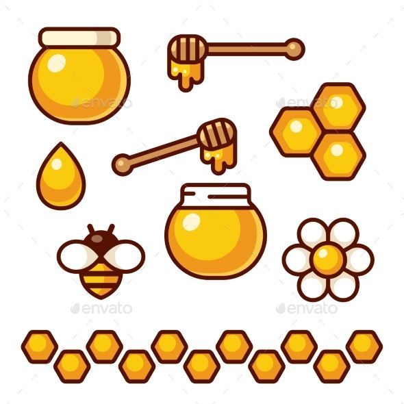 590x590 Honey Icon Set Bee And Flower, Honey Jar And Spoon Cartoon