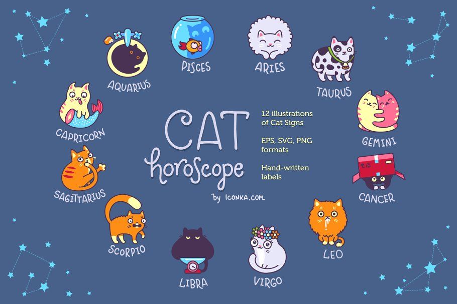 910x607 Cat Horoscope Icons And Labels Icons Creative Market