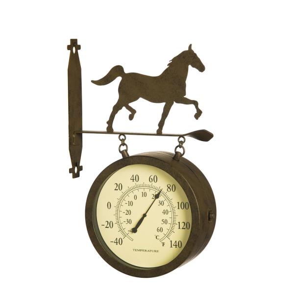 600x600 Evergreen Sided Outdoor Wall Clock And Thermometer With Horse