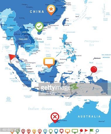 379x456 Southeast Asia Map And Navigation Icons Illustration Stock Vectors