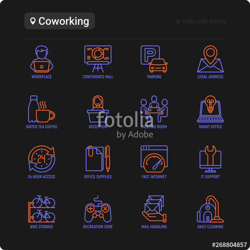 500x500 Coworking Office Thin Line Icons Set Workplace, Meeting Room