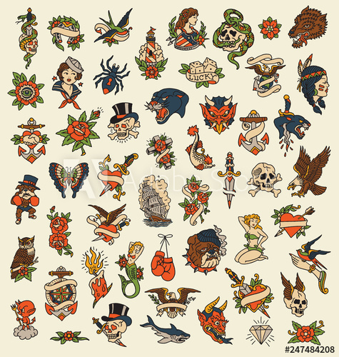 475x500 Hand Drawn Old School Tattoo Isolated Icon Vector Image Set