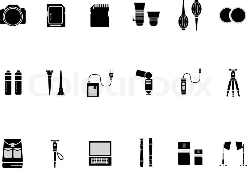800x546 Camera Accessories Black Icon Set Stock Vector Colourbox
