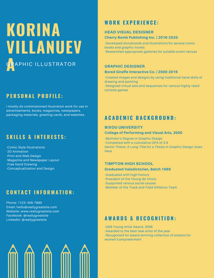 425x550 Blue And Yellow Pencil Icon Creative Resume