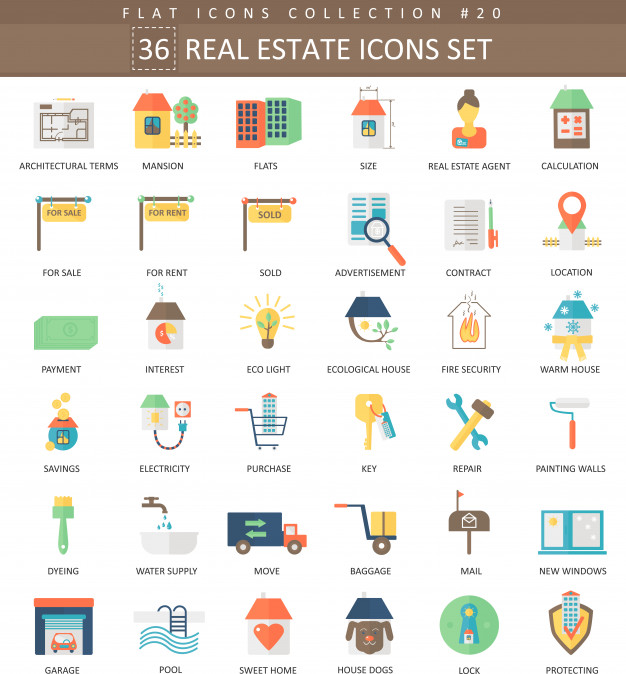 626x674 Vector Real Estates Color Flat Icon Set Elegant Style Design