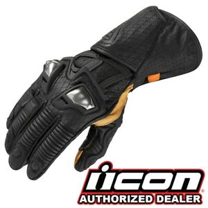 300x300 Icon Hypersport Gp Black Leather Motorcycle Long Gauntlet Gloves S