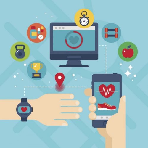 500x500 Run Tracking App With Smartphone, Smart Watch And Fitness Icons