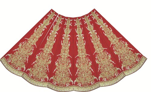 500x306 Red Golden Icon India Machine Hand Embroidered Lehenga