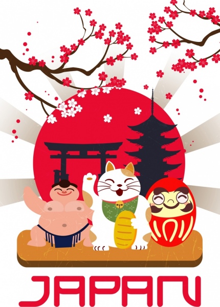 430x600 Japan Advertising Banner Sakura Sumo Cat Sun Icons Free Vector