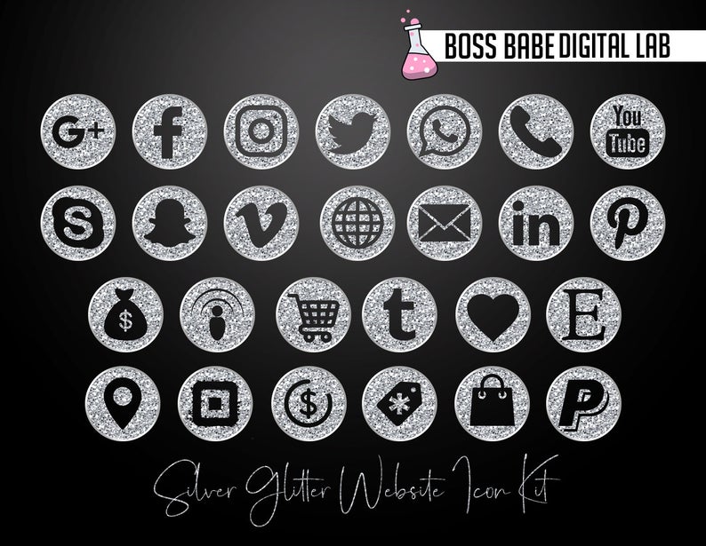 794x615 Silver Glitter Website Icon Kit Silver Social Media Icons Etsy