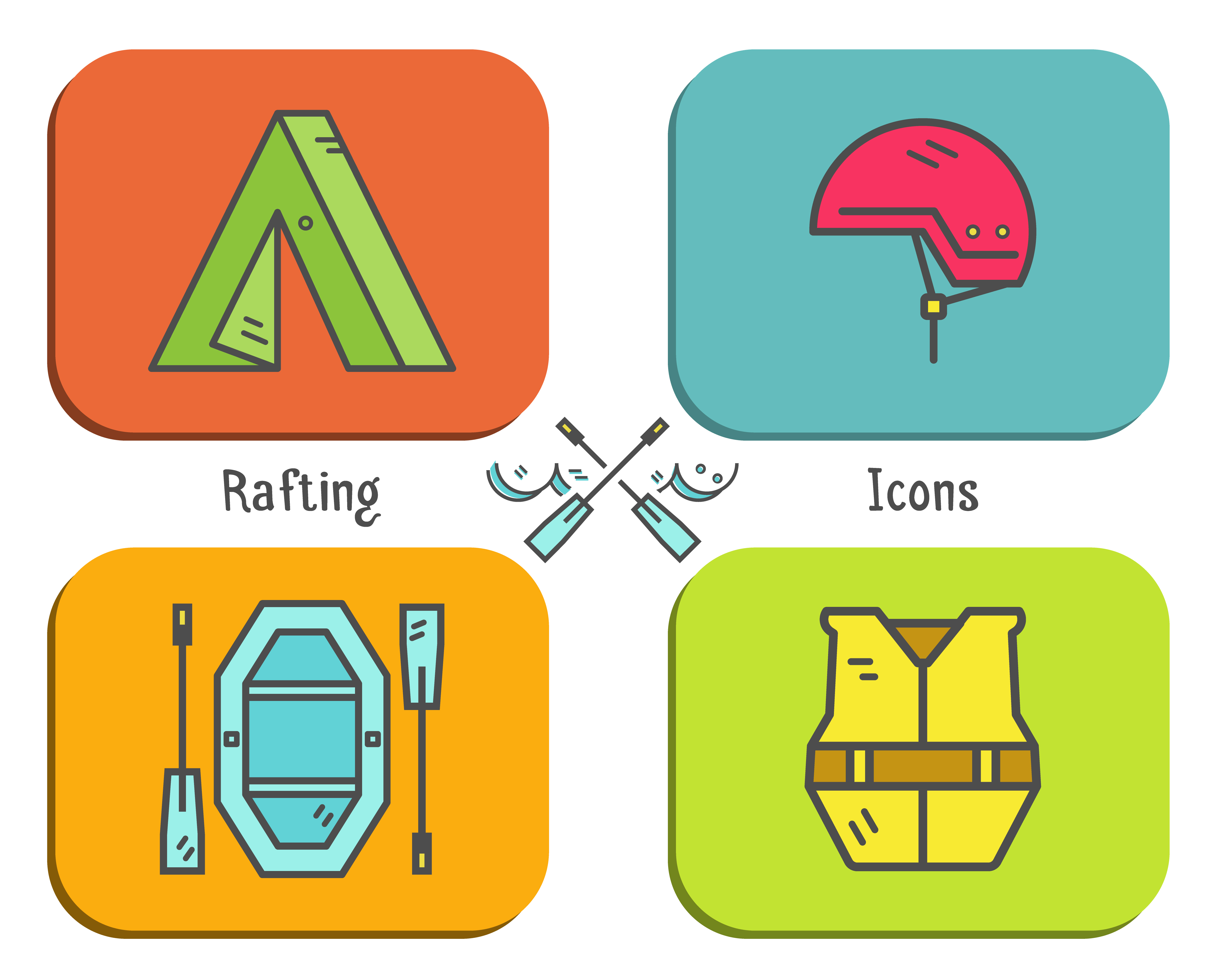 5000x4000 Rafting Equipment Flat Icon, Button Collection Outdoors Style