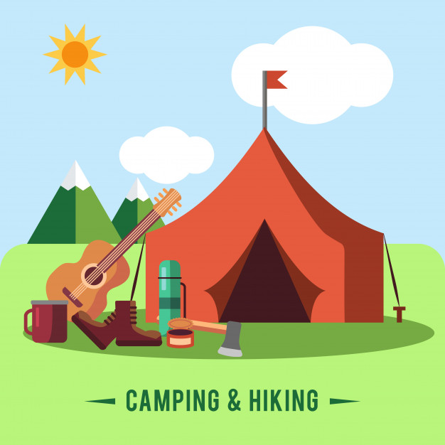 626x626 Camping Flat Set With Hiking Equipment And Outdoors Cooking Icons