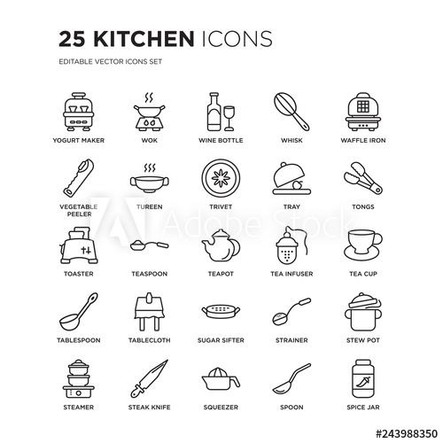 500x500 Set Of Kitchen Linear Icons Such As Yogurt Maker, Wok, Wine