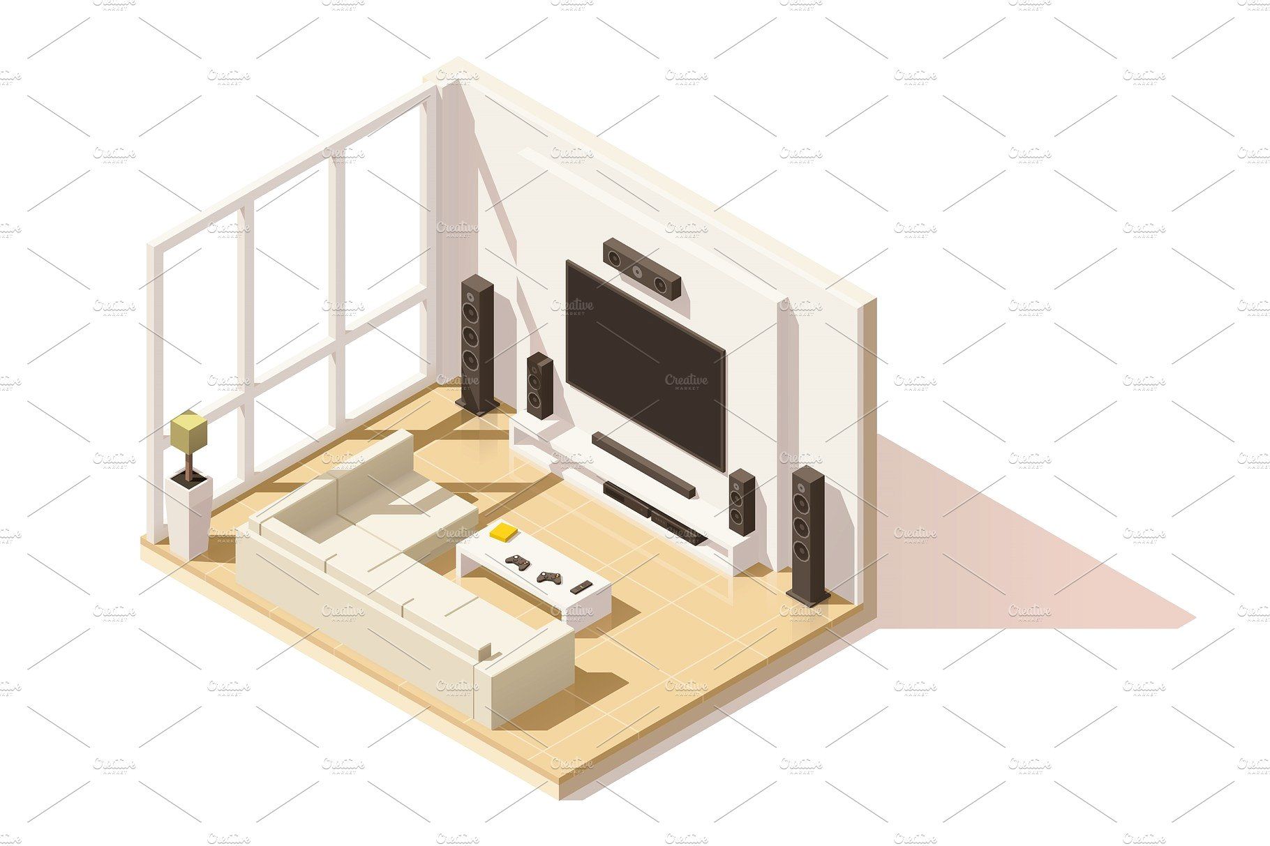 1820x1213 Vector Isometric Low Poly Living Room Icon