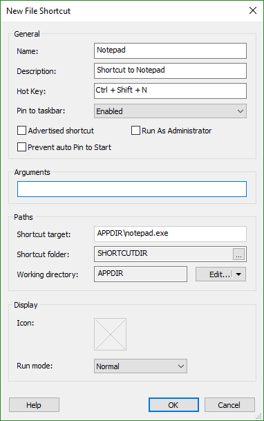 382x609 Shortcut Properties Dialog
