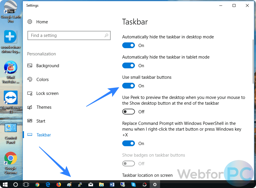 change taskbar icon size windows 10 desktop