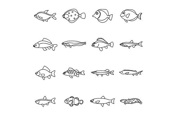 580x386 Cute Fish Icons Set, Outline Style