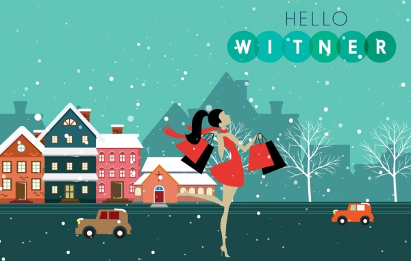 600x381 Winter Sale Banner Shopping Lady Icon Town Scape Free Vector