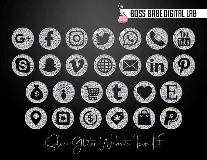 794x615 Silver Glitter Website Icon Kit Silver Social Media Icons Etsy