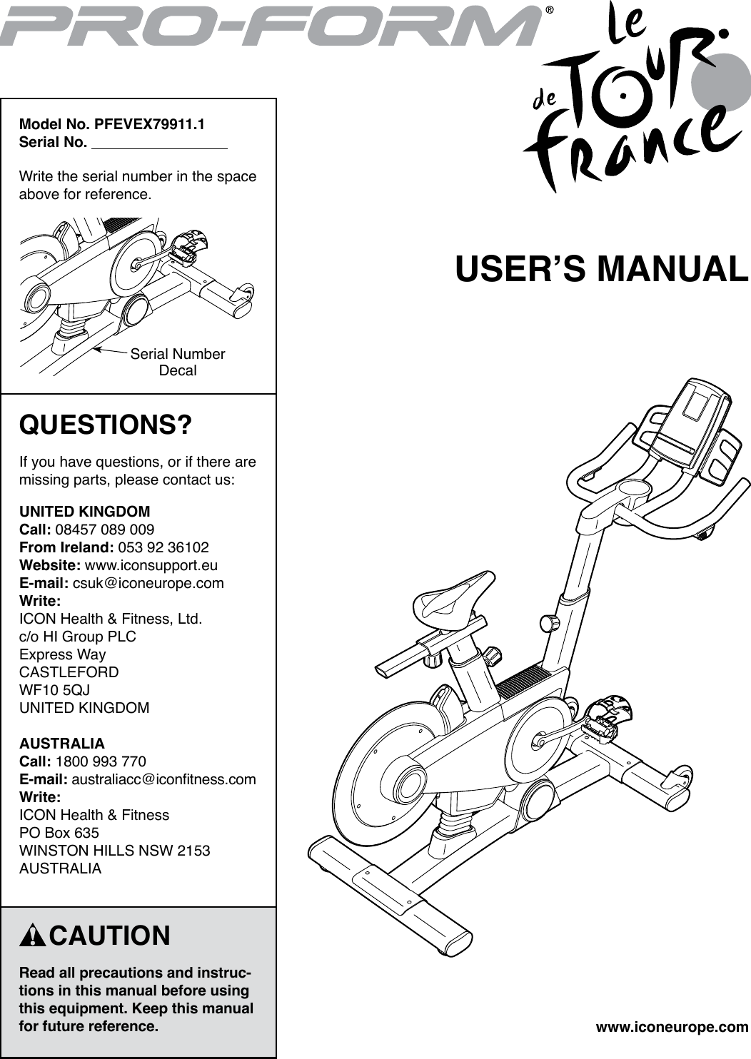 1052x1484 Proform Le Tour De France Bike Users Manual
