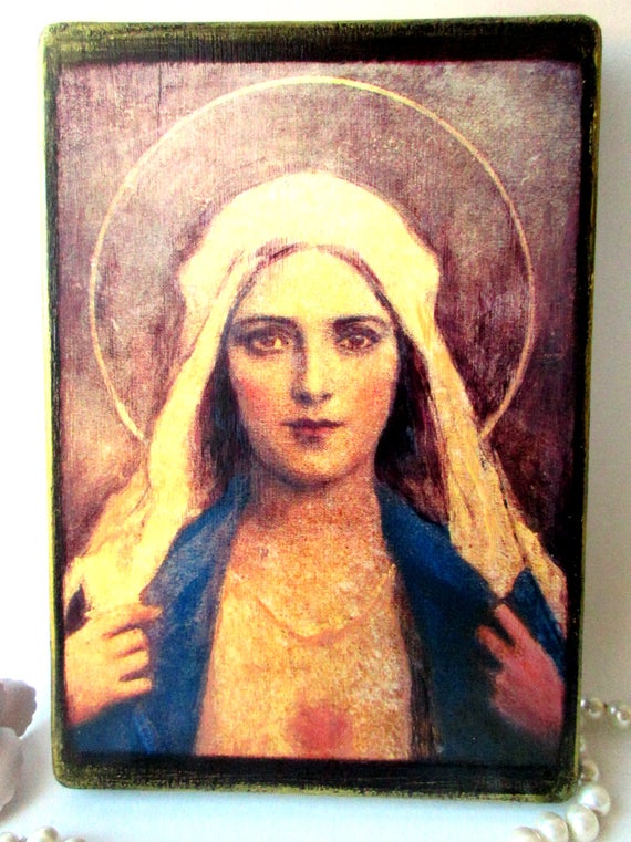570x761 Immaculate Heart Of Mary Christian Art On Wood Mother Mary Etsy