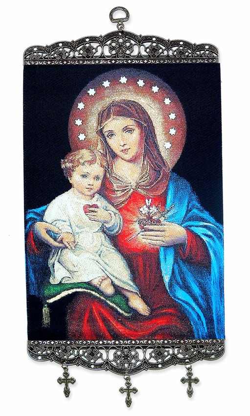 511x850 Virgin Mary Sacred Heart Christ, Textile Art Tapestry Icon