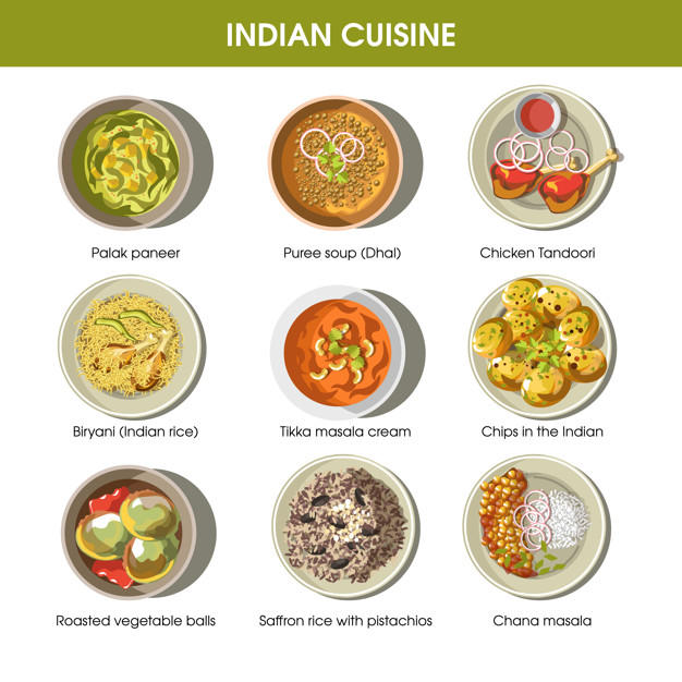 626x626 Indian Cuisine Traditional Dishes Vector Flat Icons Set Vector