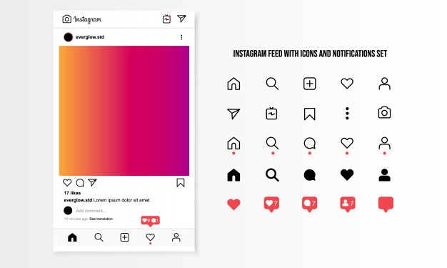 626x375 Instagram Feed With Icons And Notifications Set Vector Premium