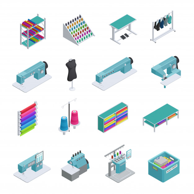 626x626 Colored And Isolated Garment Factory Isometric Icon Set Machines
